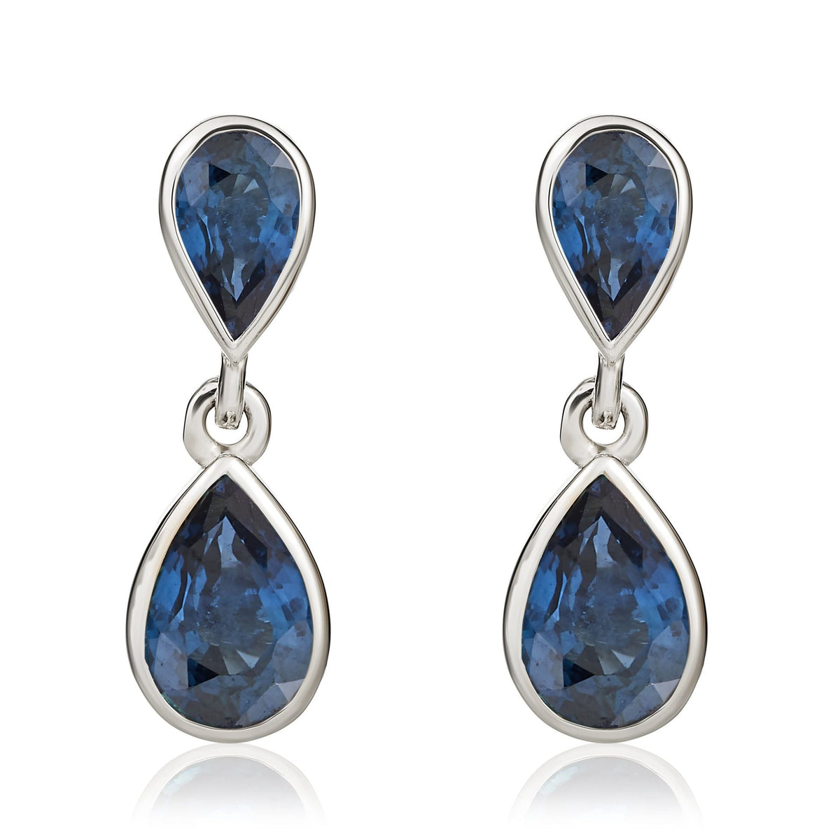 9ct White Gold Pear Shaped Natural Blue Sapphire Two Stone Rubover Drop Earrings