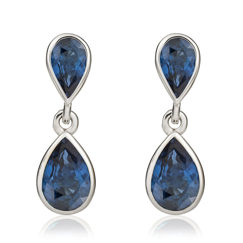 9ct White Gold Pear Shaped Natural Blue Sapphire Two Stone Rubover Drop Earrings