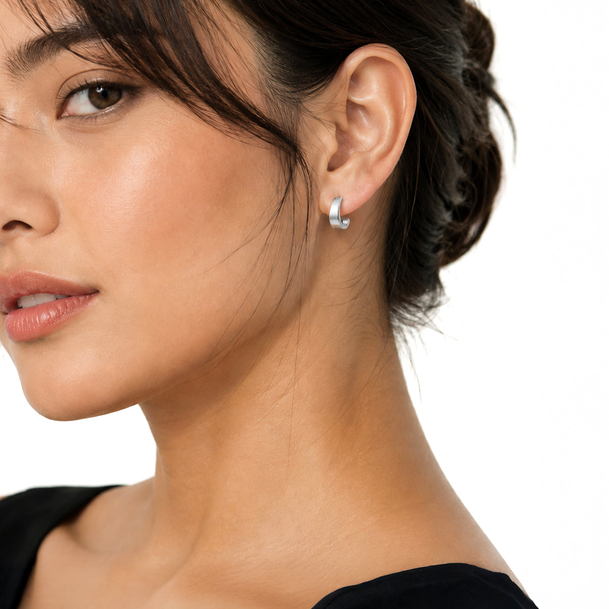 9ct White Gold Flat Tapered Half Hoop Earrings with Peg and Scroll Fittings
