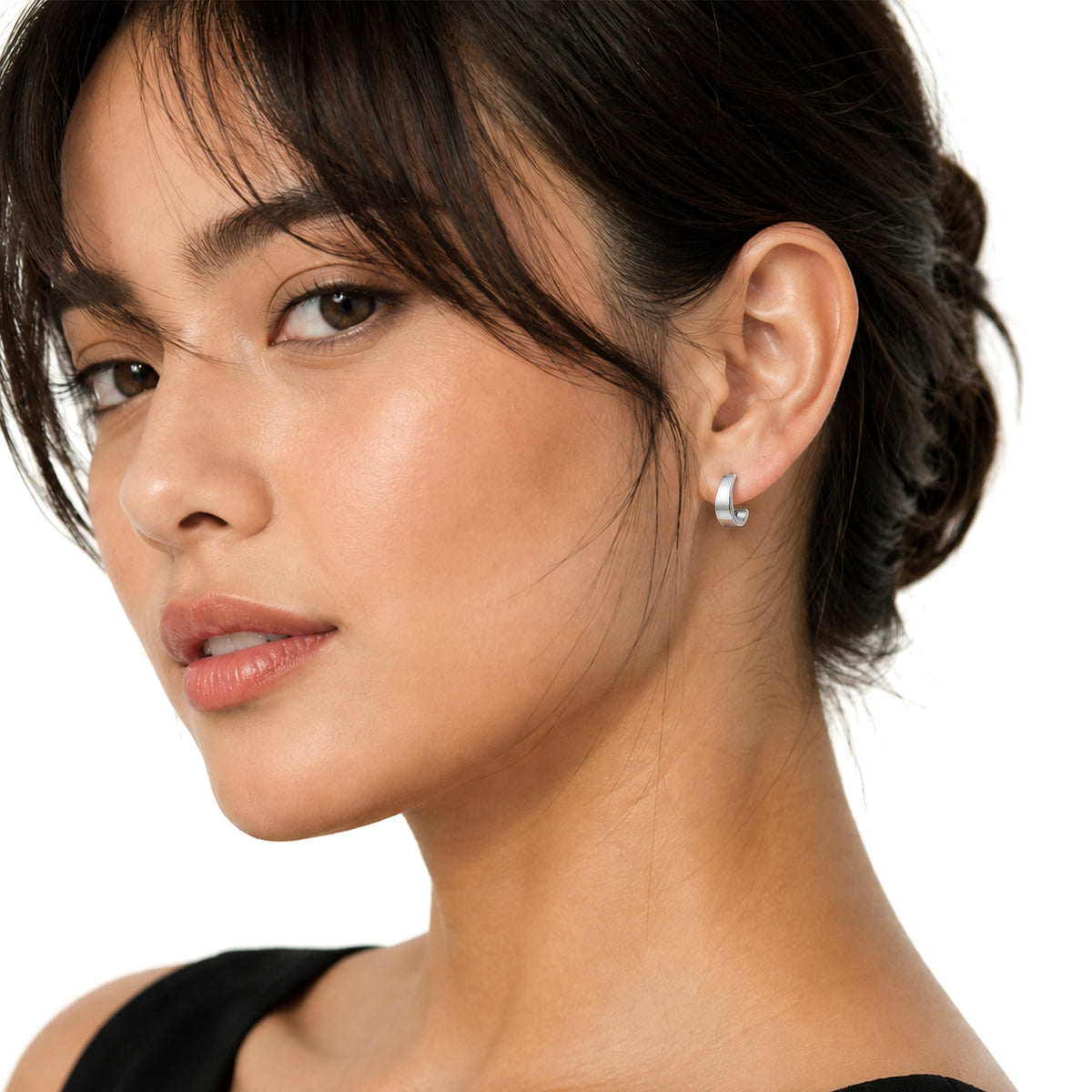 9ct White Gold Flat Tapered Half Hoop Earrings with Peg and Scroll Fittings