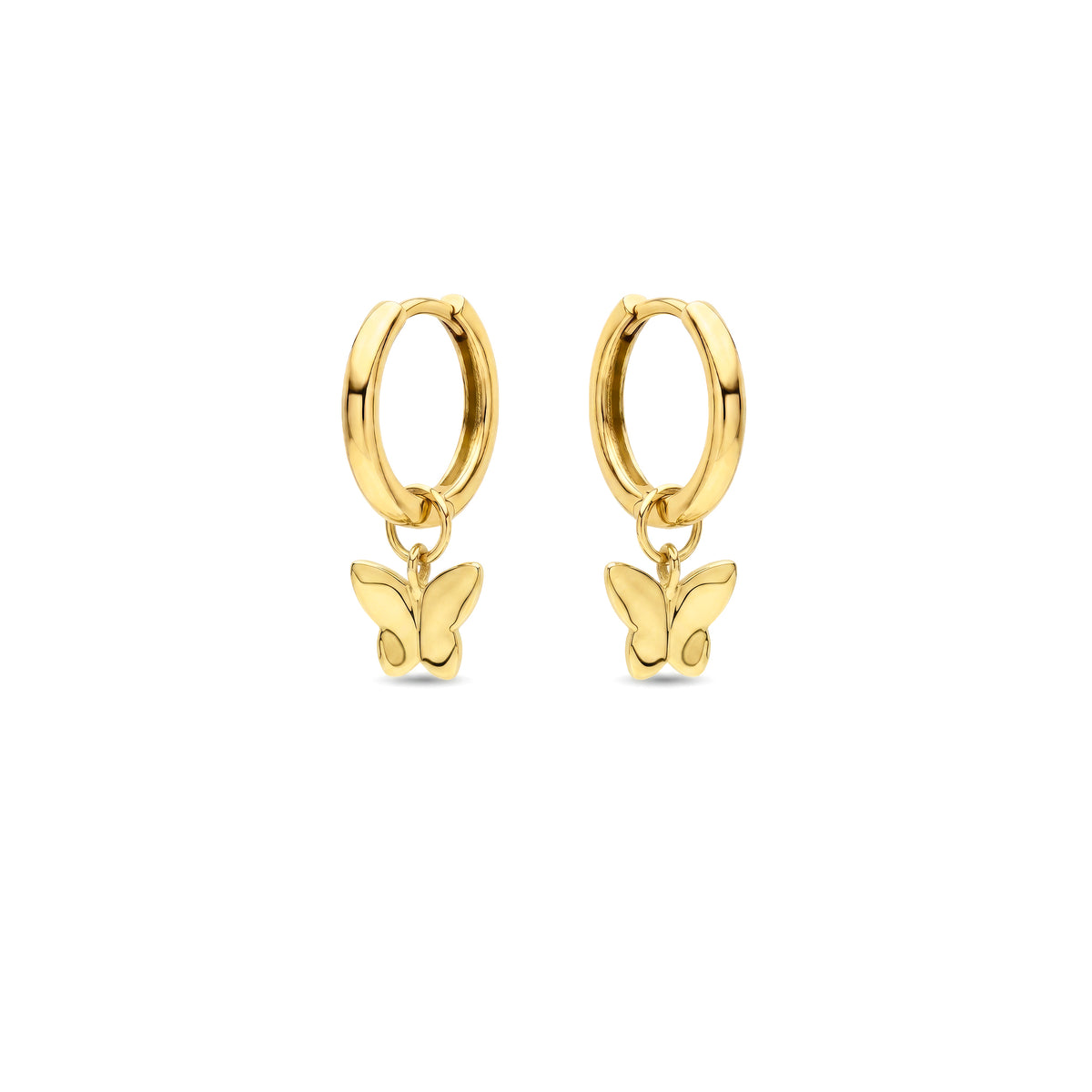 9ct Yellow Gold Polished Hinged Hoop Earrings with Detachable Butterfly Drop — 16mm