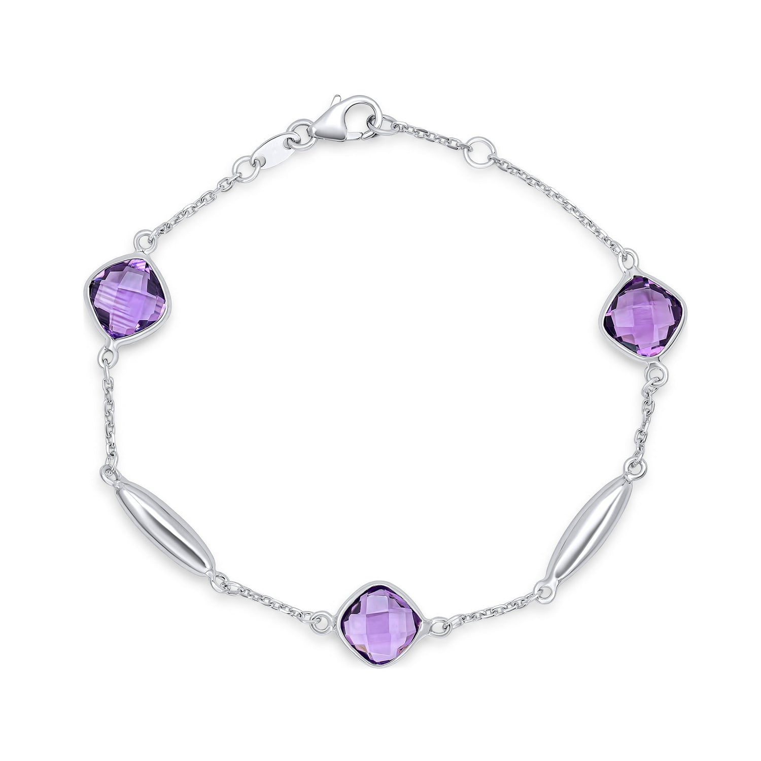 9ct White Gold Checkerboard Natural Cushion Amethyst and Polished Torpedo Motif Chain Bracelet