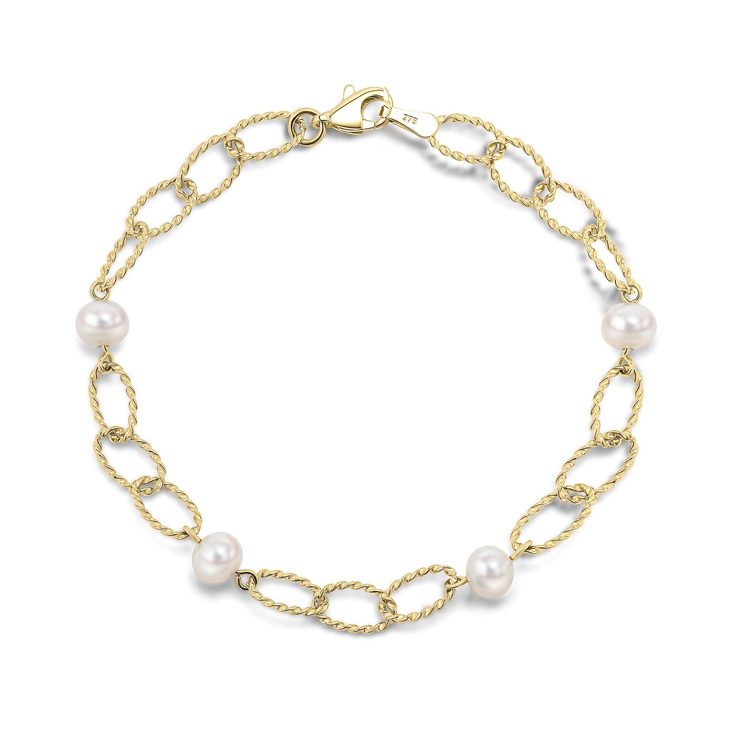 9ct Yellow Gold Natural Freshwater Pearl and Twisted Links Bracelet