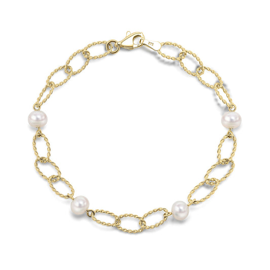 9ct Yellow Gold Natural Freshwater Pearl and Twisted Links Bracelet