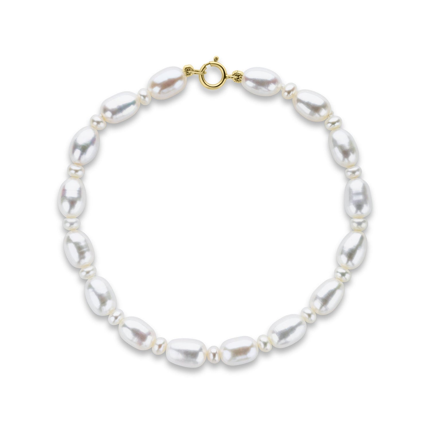 9ct Yellow Gold Natural White Rice Pearl and Button Pearl Bracelet