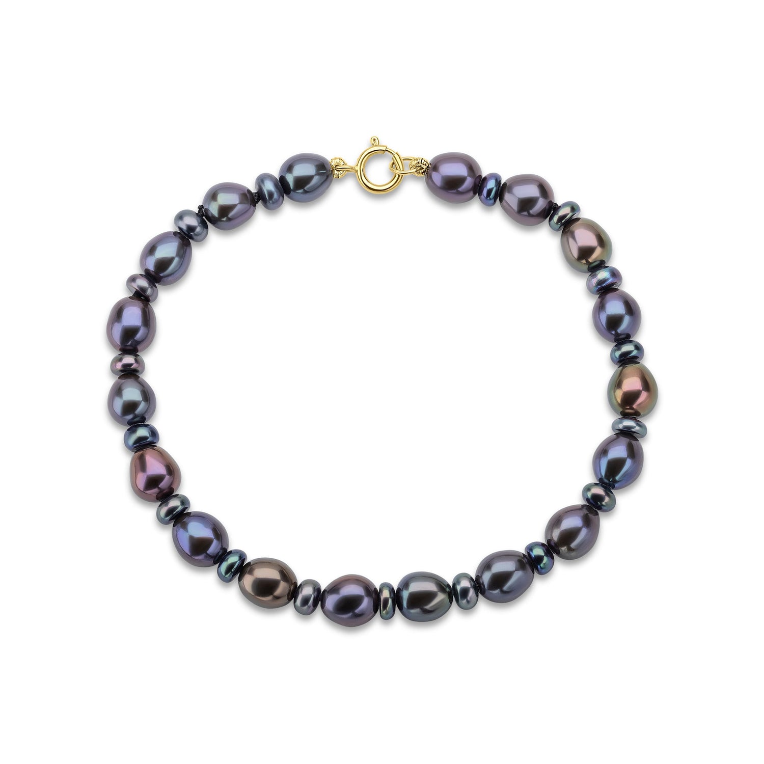 9ct Yellow Gold Natural Black Rice Pearl and Button Pearl Bracelet