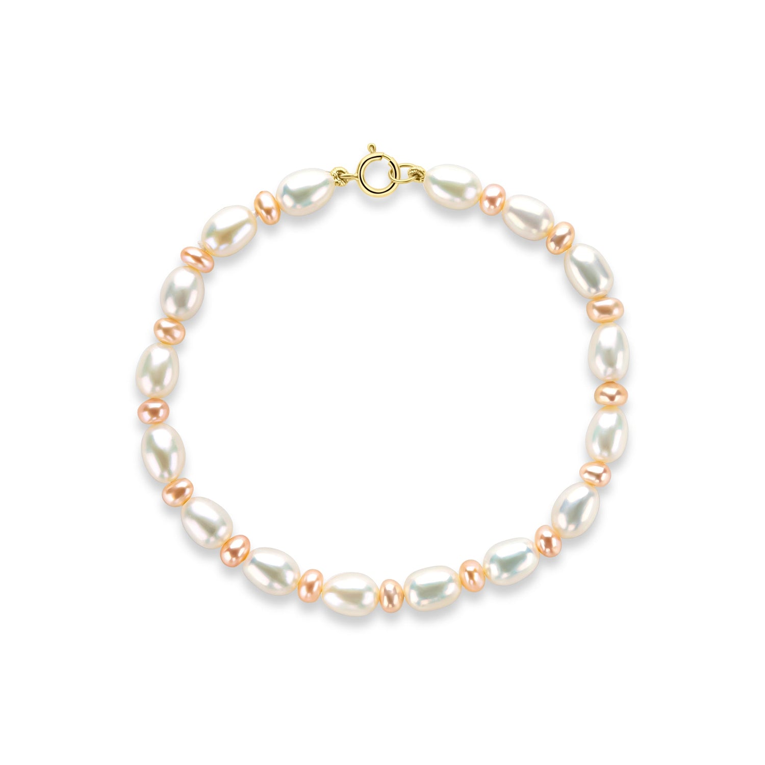 9ct Yellow Gold Natural White Rice Pearl and Pink Button Pearl Bracelet