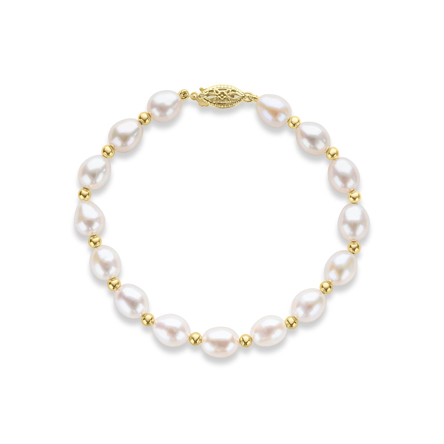 9ct Yellow Gold Bead and White Oval Natural Pearl Bracelet