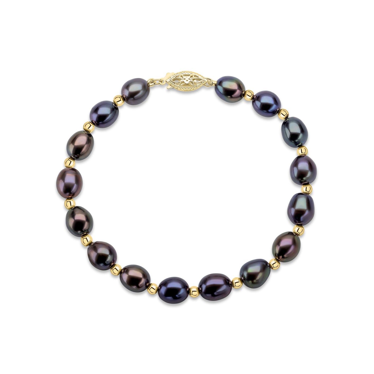 9ct Yellow Gold Bead and Black Oval Natural Pearl Bracelet