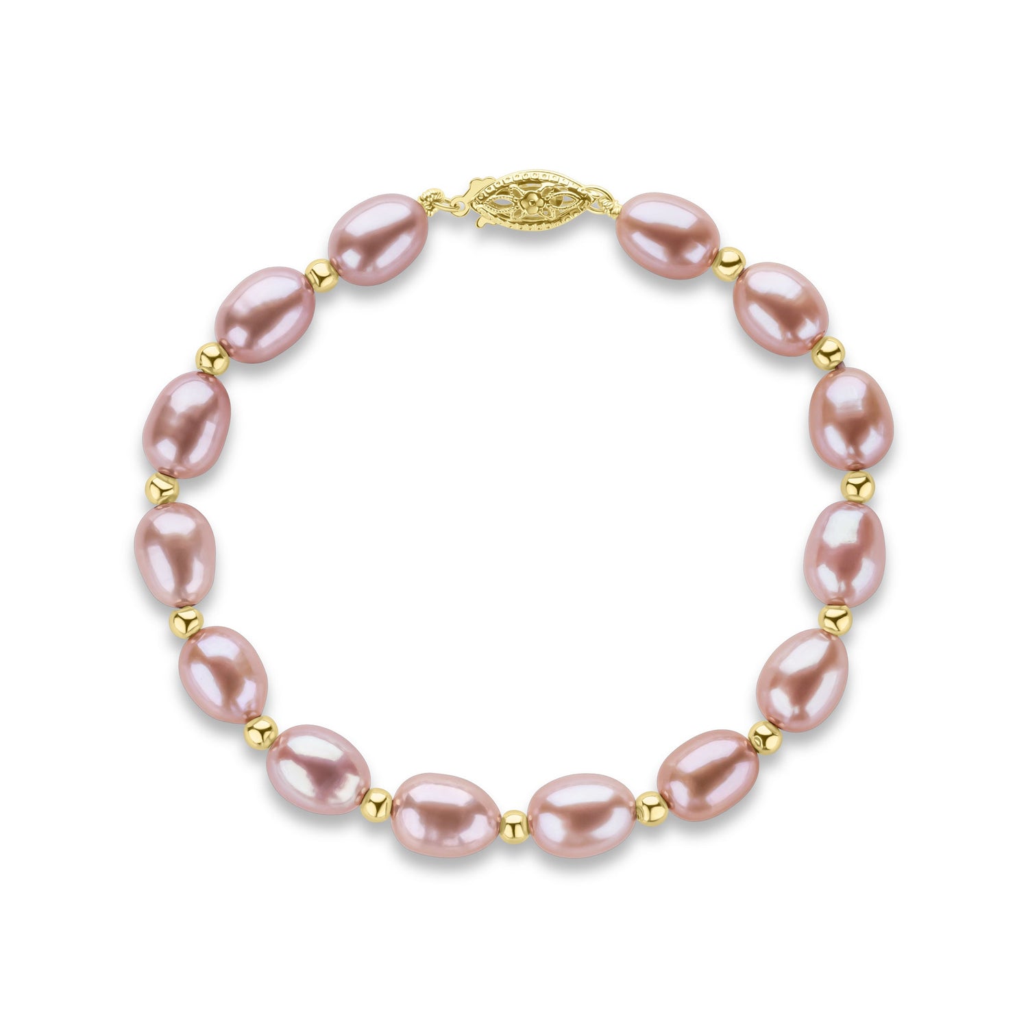 9ct Yellow Gold Bead and Pink Oval Natural Pearl Bracelet