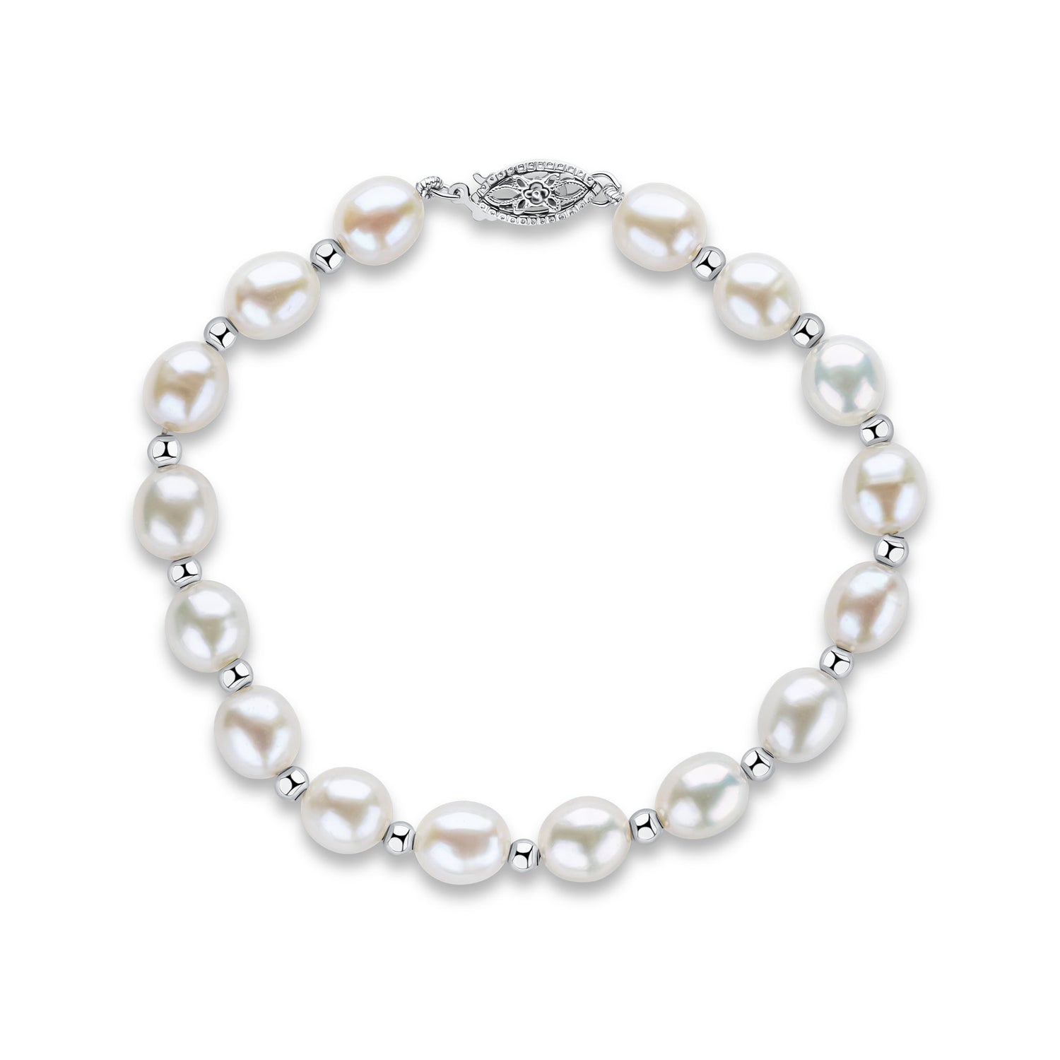 9ct White Gold Bead & White Oval Pearl Bracelet