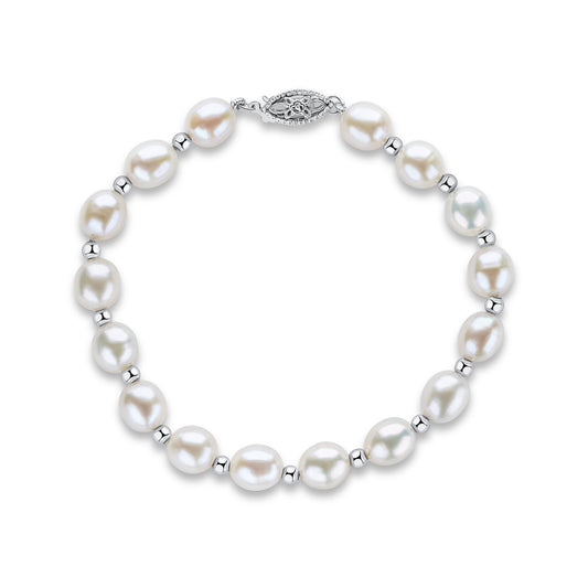 9ct White Gold Bead and White Oval Natural Pearl Bracelet