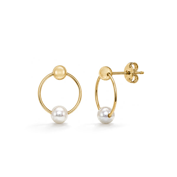 9ct Yellow Gold Ball and Natural Freshwater Pearl on Circle Drop Earrings — 17x13mm