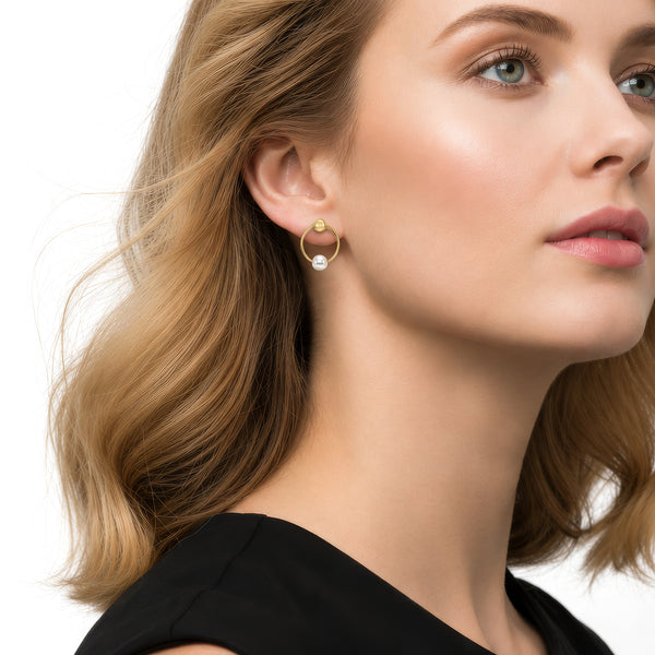 9ct Yellow Gold Ball and Natural Freshwater Pearl on Circle Drop Earrings — 17x13mm