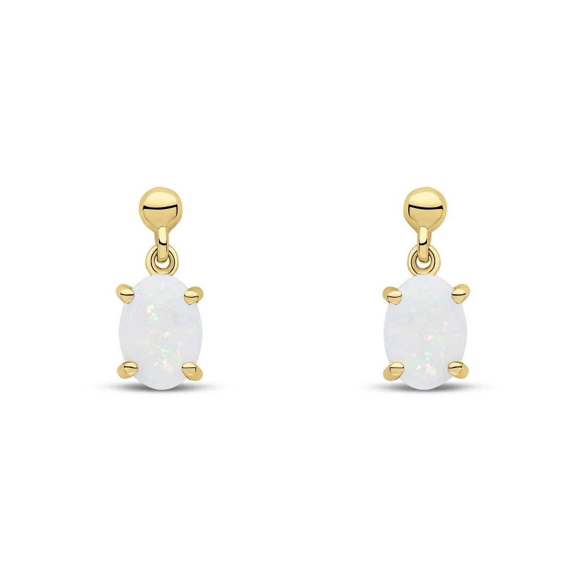 9ct Yellow Gold Oval Natural Opal Claw Drop Earrings — 7x5mm
