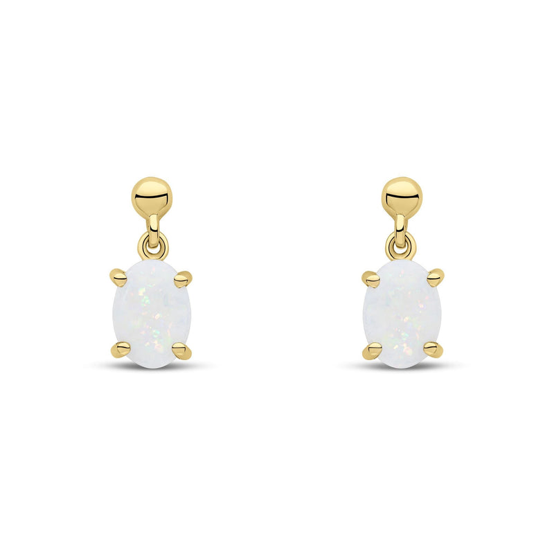 9ct Yellow Gold Oval Natural Opal Claw Drop Earrings — 7x5mm