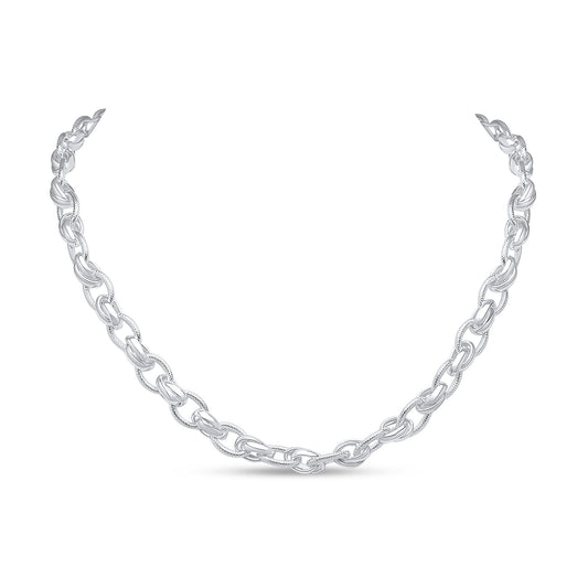 Sterling Silver Handmade Solid 9mm Textured Oval Fancy Necklace with T-Bar Clasp