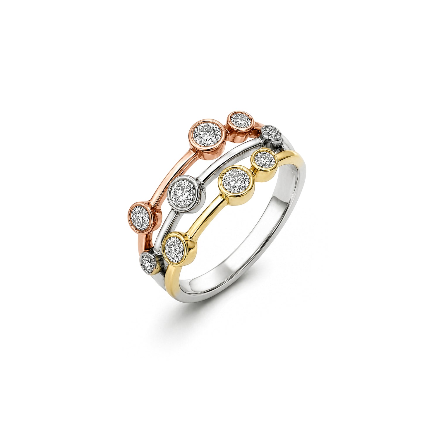 18ct Three-Tone (Yellow, White, Rose) Gold Multi Row Natural Diamond Bubble Ring