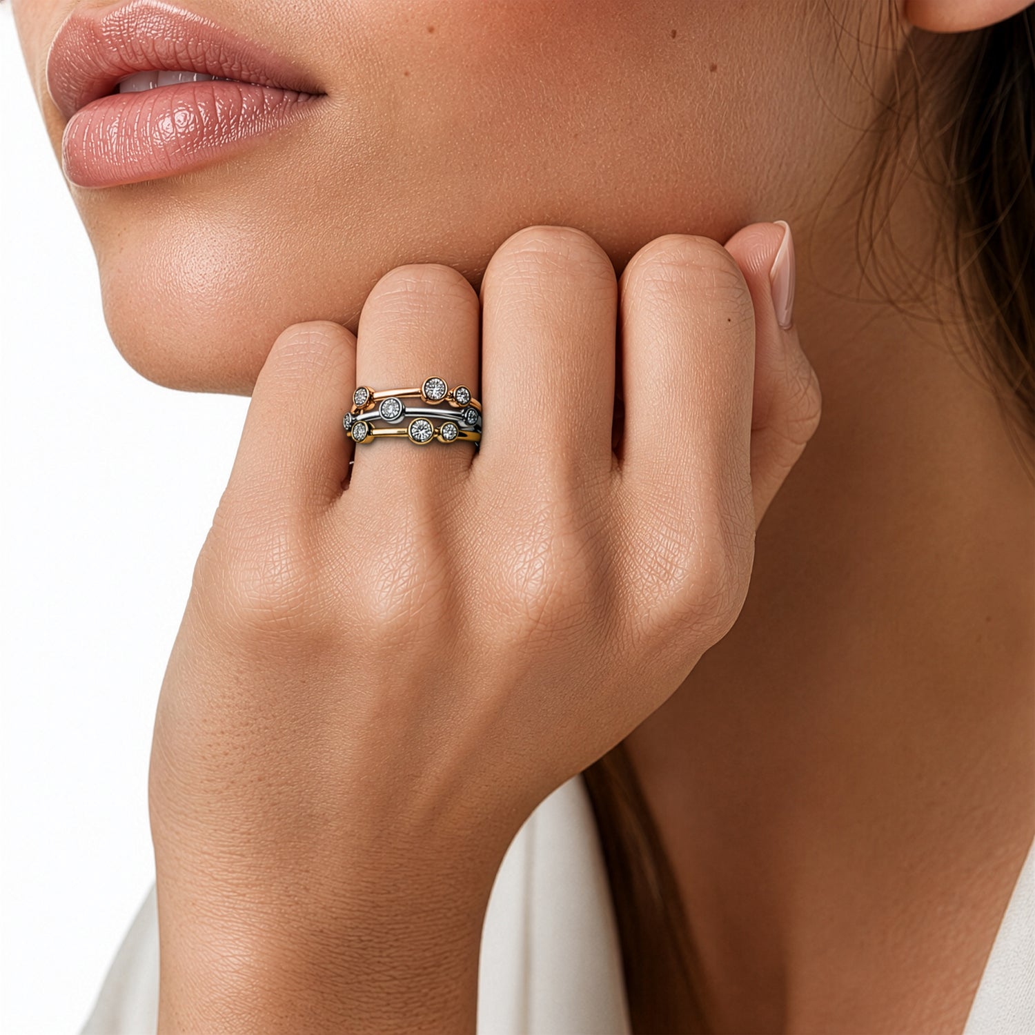 18ct Three-Tone (Yellow, White, Rose) Gold Multi Row Natural Diamond Bubble Ring