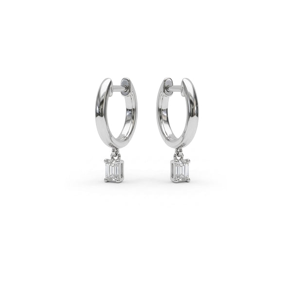 18ct White Gold Emerald Cut Natural Diamond Drop Hoop Earrings