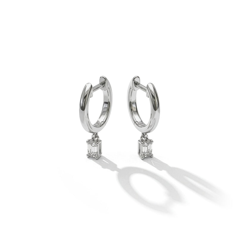 18ct White Gold Emerald Cut Natural Diamond Drop Hoop Earrings