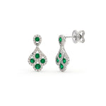 18ct White Gold Round Natural Emerald & Diamond Peacock Drop Earrings