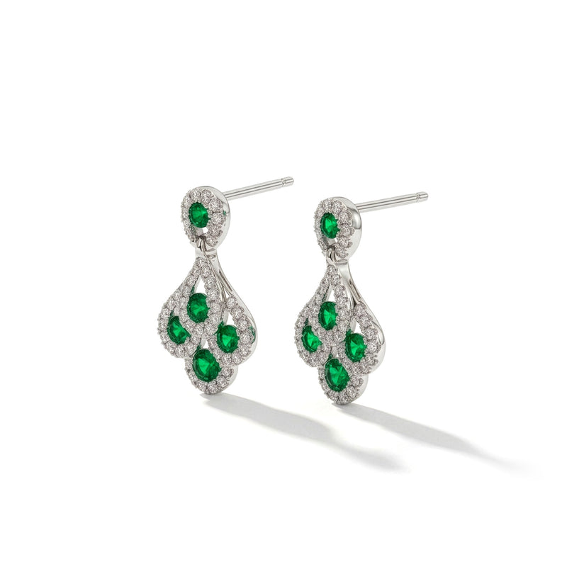 18ct White Gold Round Natural Emerald & Diamond Peacock Drop Earrings