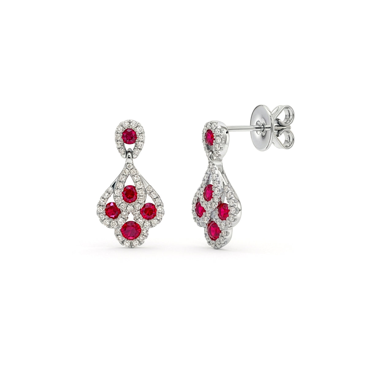 18ct White Gold Natural Ruby and Diamond Peacock Drop Earrings