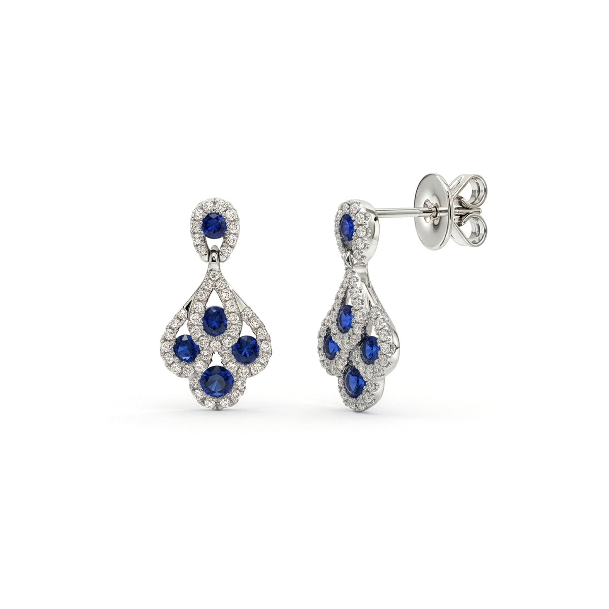 18ct White Gold Round Natural Sapphire & Diamond Peacock Drop Earrings