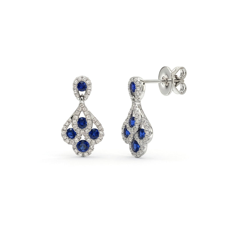18ct White Gold Round Natural Sapphire & Diamond Peacock Drop Earrings