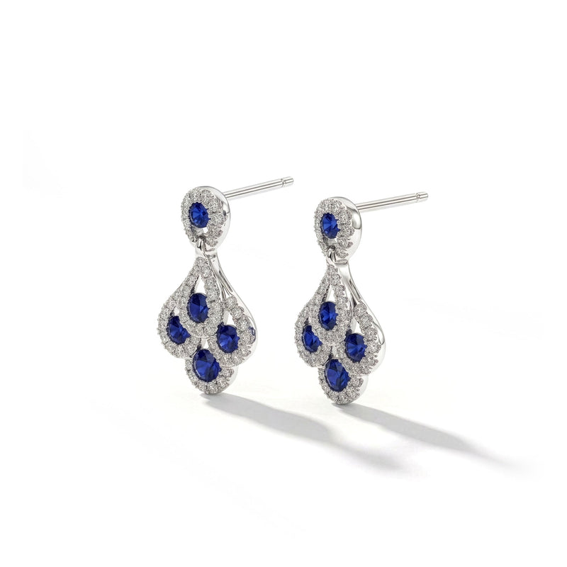 18ct White Gold Round Natural Sapphire & Diamond Peacock Drop Earrings