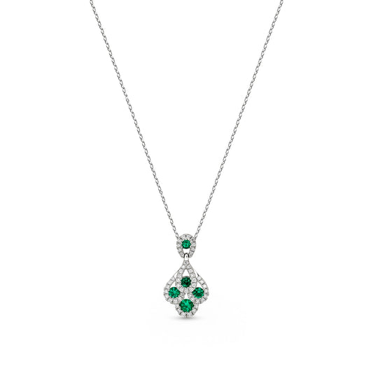 18ct White Gold Round Natural Emerald and Diamond Peacock Pendant