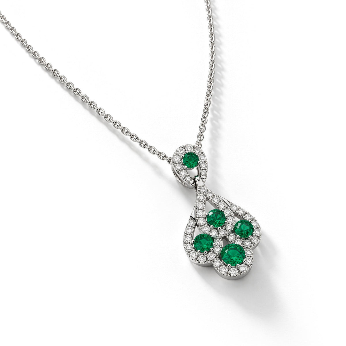 18ct White Gold Round Natural Emerald & Diamond Peacock Pendant