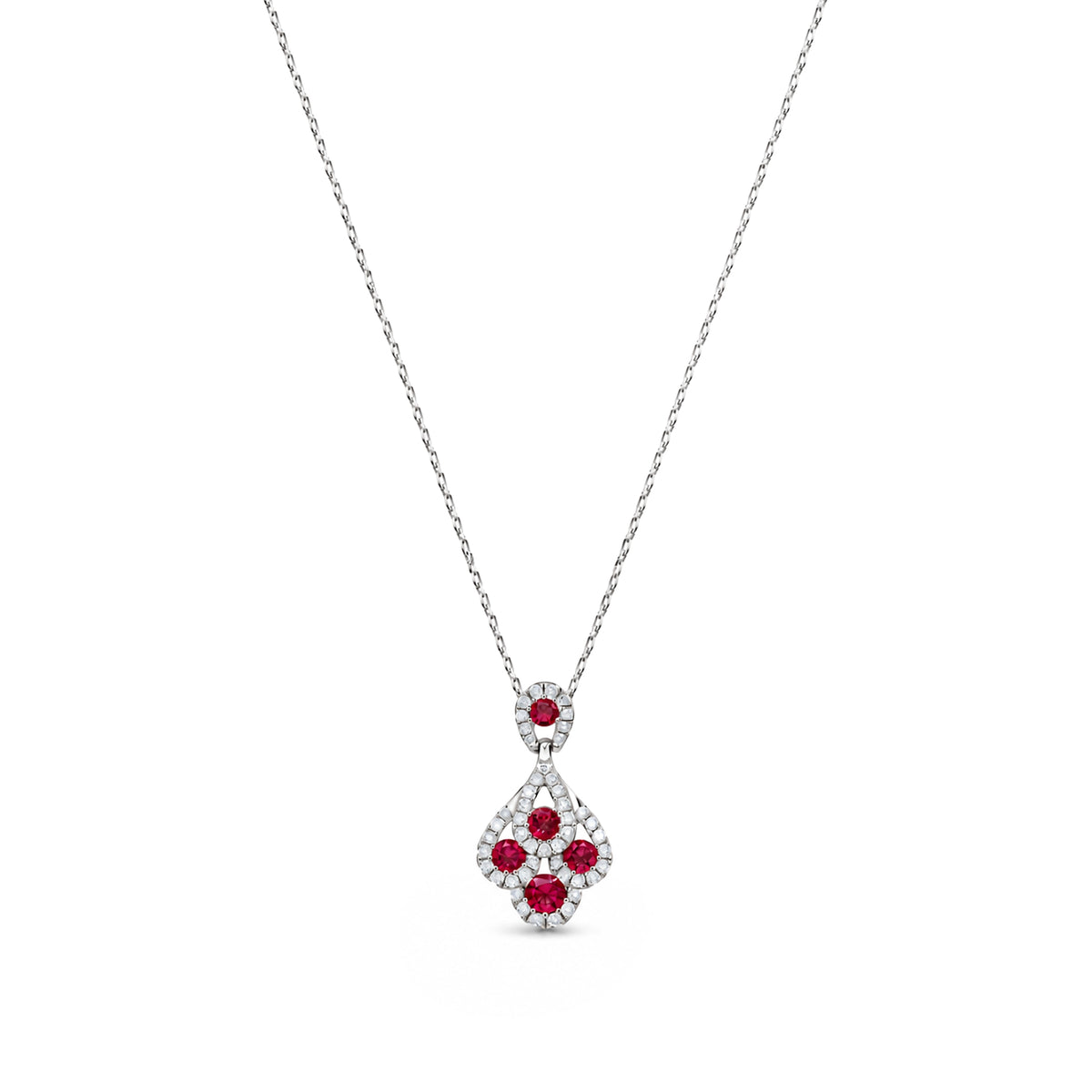 18ct White Gold Natural Ruby and Diamond Peacock Drop Pendant