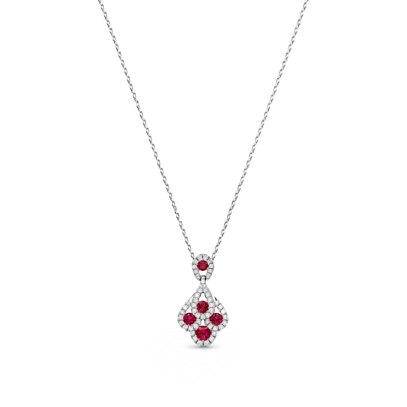 18ct White Gold Round Natural Ruby & Diamond Peacock Pendant