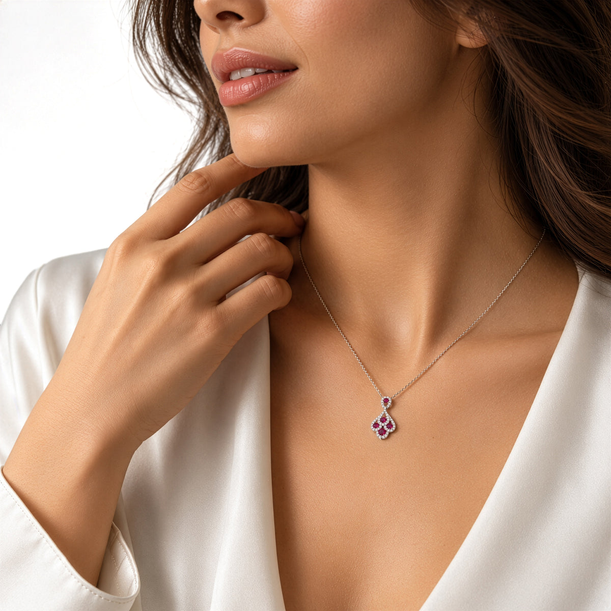 18ct White Gold Natural Ruby and Diamond Peacock Drop Pendant