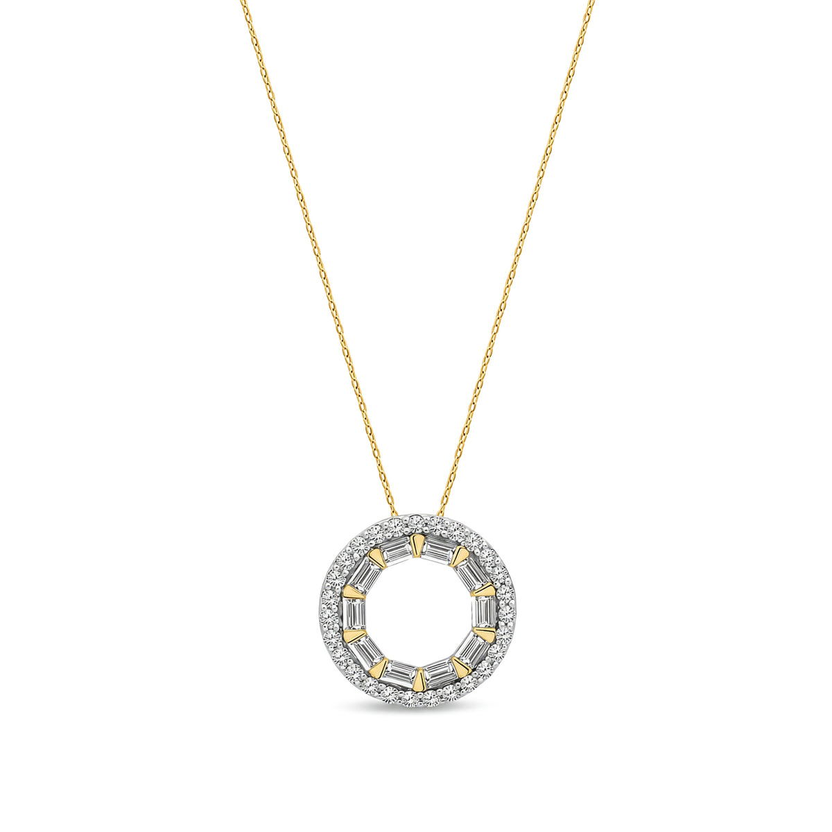 18ct Yellow Gold Natural Baguette & Round Diamond Double Circle Halo Pendant