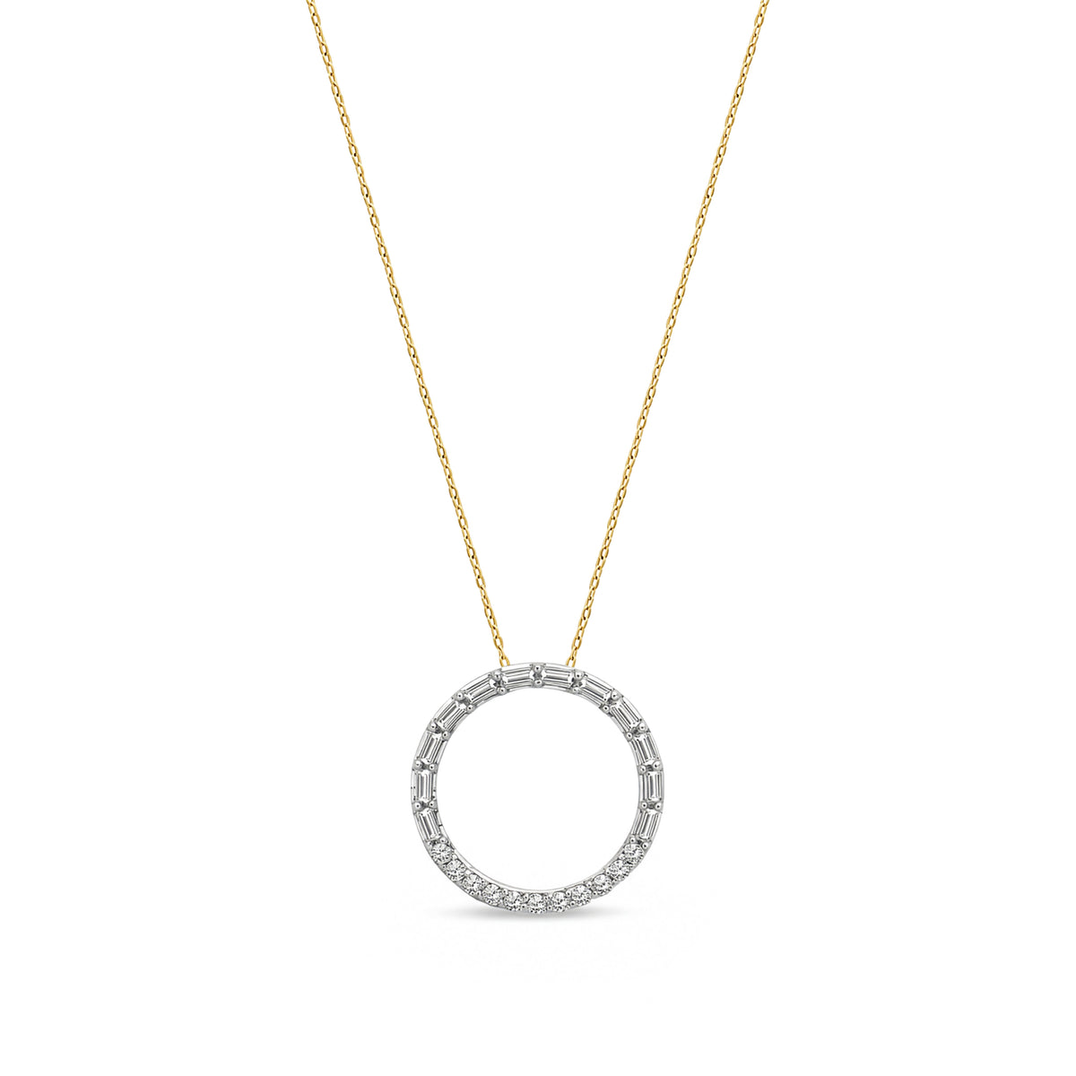 18ct Yellow Gold Natural Baguette & Round Diamond Open Circle Pendant