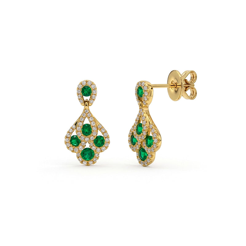 18ct Yellow Gold Round Natural Emerald & Diamond Peacock Drop Earrings