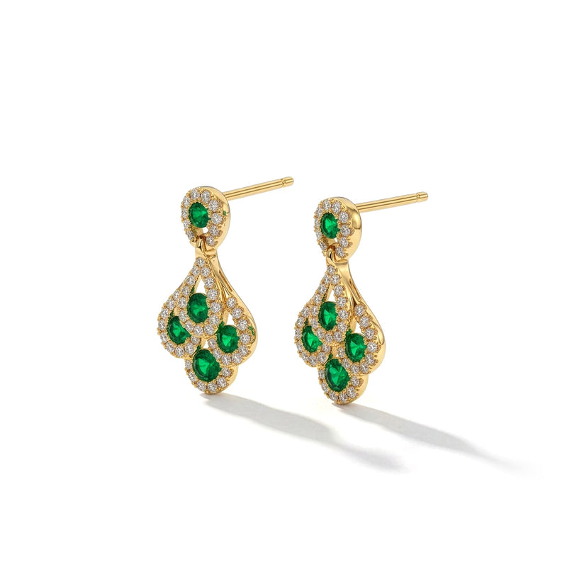 18ct Yellow Gold Round Natural Emerald & Diamond Peacock Drop Earrings