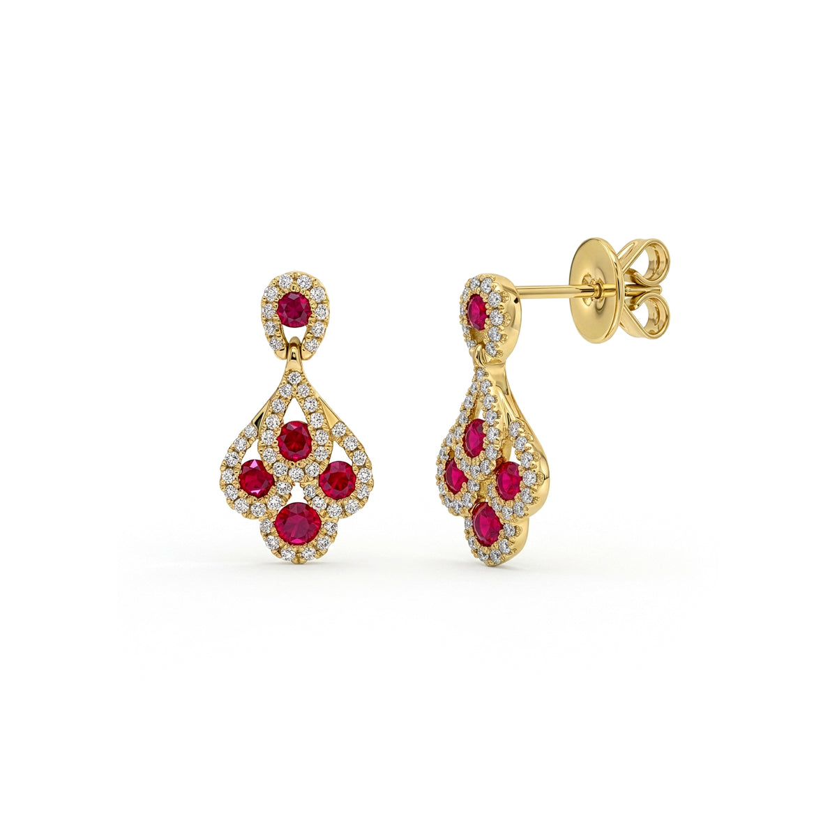 18ct Yellow Gold Natural Ruby and Diamond Peacock Drop Earrings