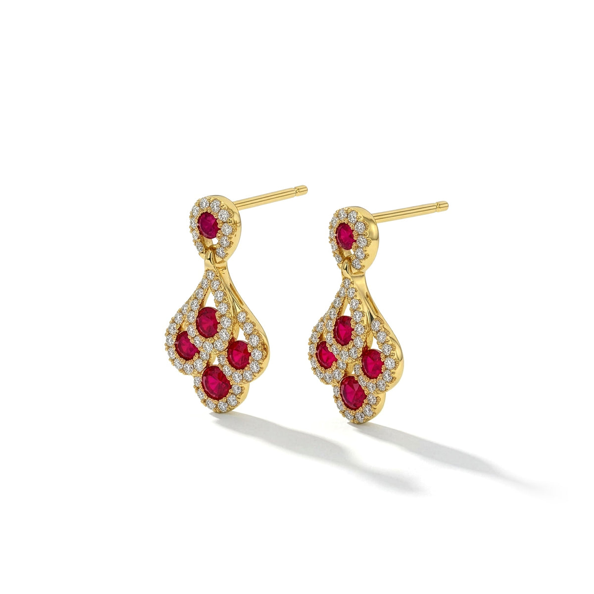 18ct Yellow Gold Round Natural Ruby & Diamond Peacock Drop Earrings