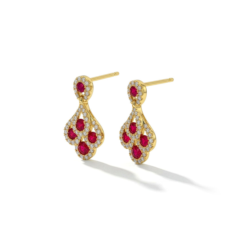 18ct Yellow Gold Round Natural Ruby & Diamond Peacock Drop Earrings