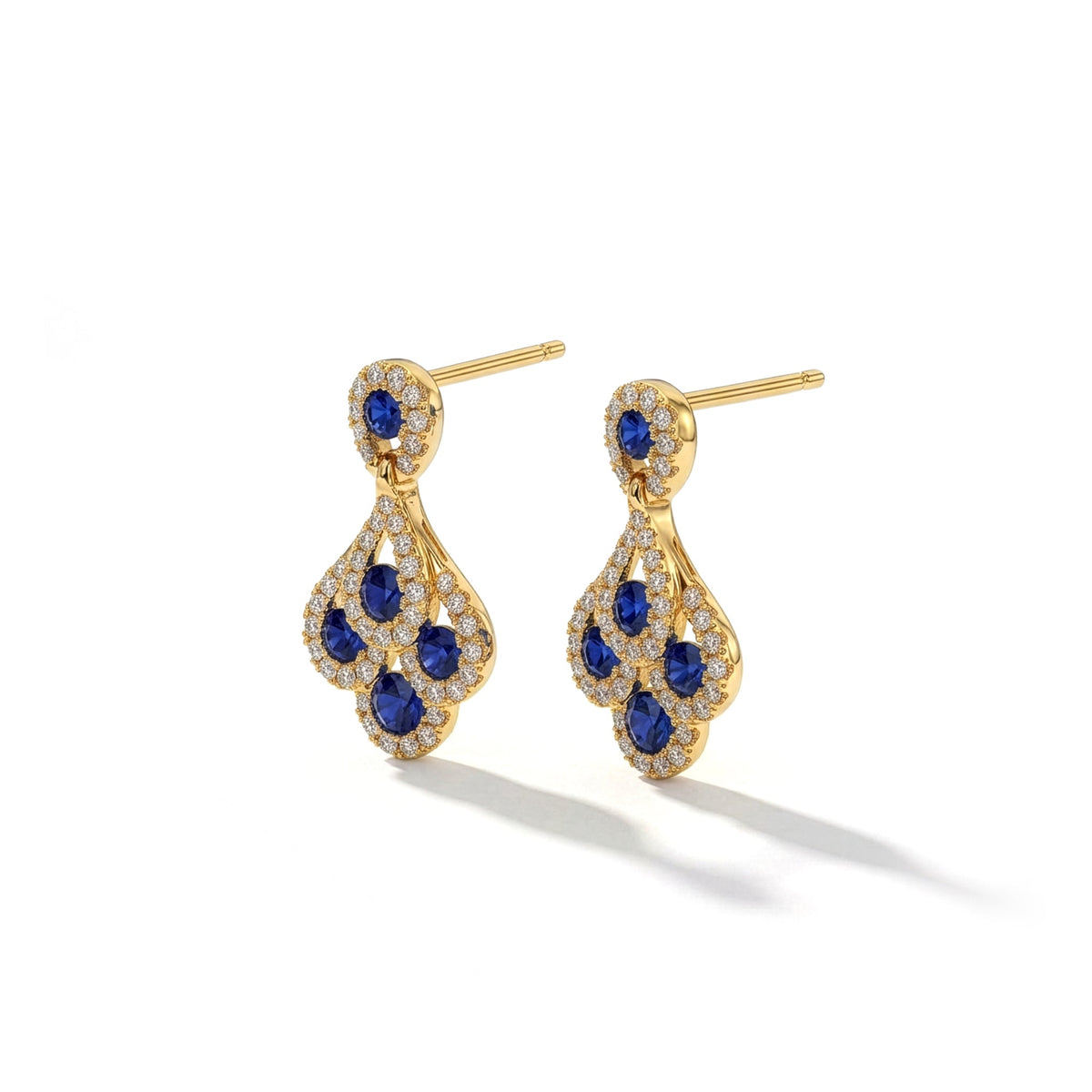 18ct Yellow Gold Round Natural Sapphire & Diamond Peacock Drop Earrings