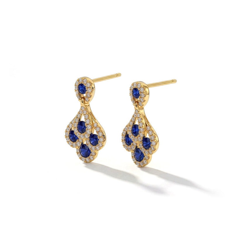 18ct Yellow Gold Round Natural Sapphire & Diamond Peacock Drop Earrings