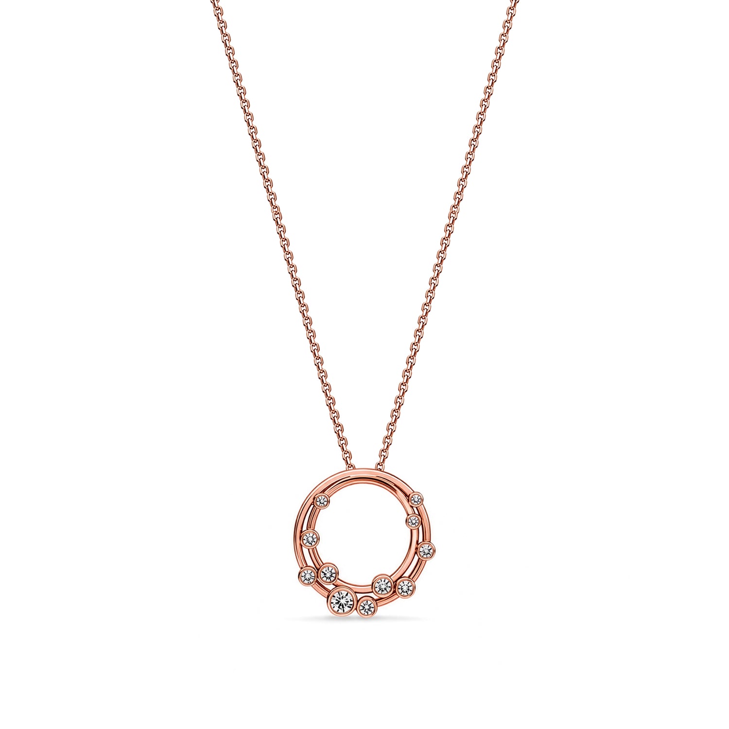 18ct Rose Gold Rubover Round Natural Diamond Bubble Double Circle Slider Pendant —18mm