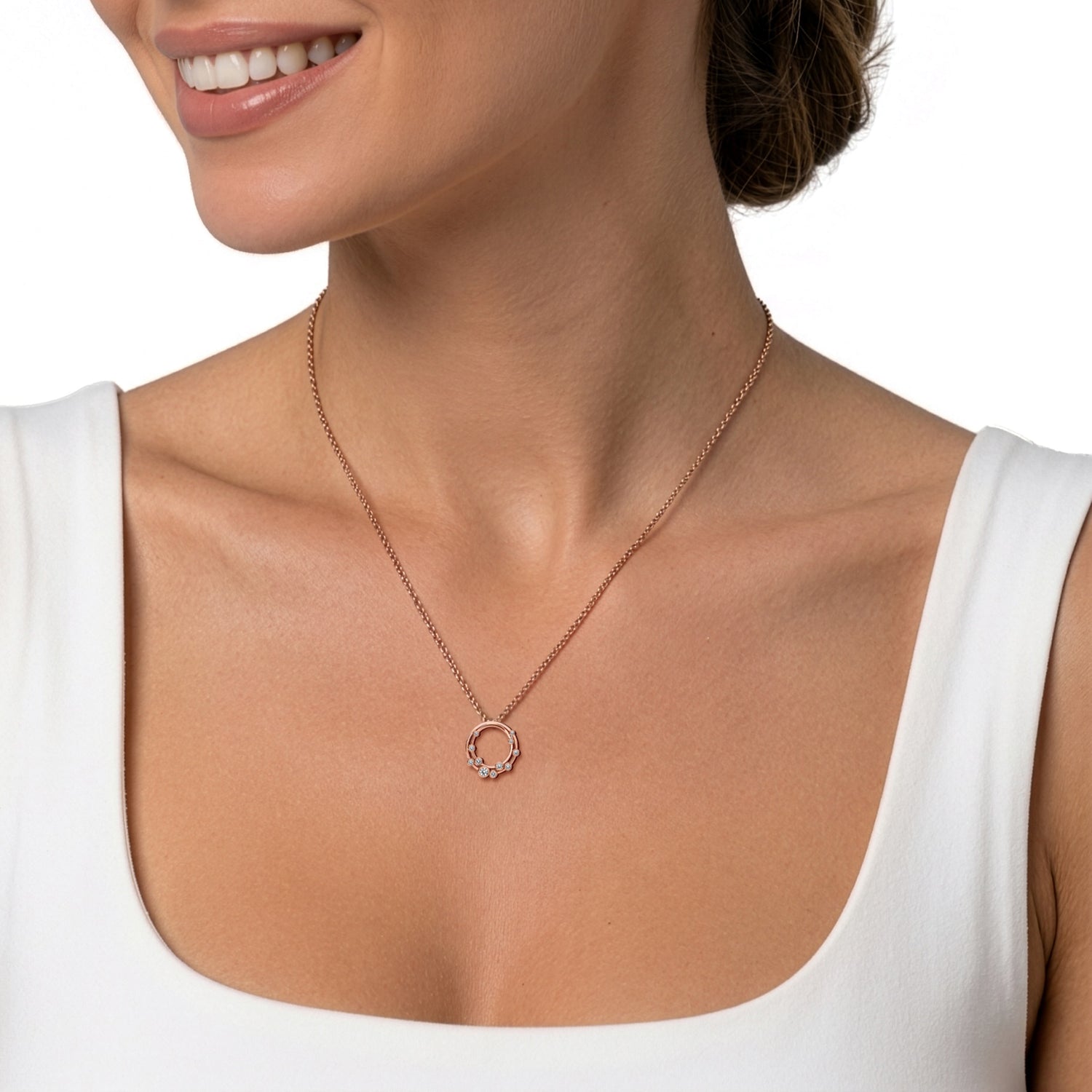 18ct Rose Gold Rubover Round Natural Diamond Bubble Double Circle Slider Pendant —18mm