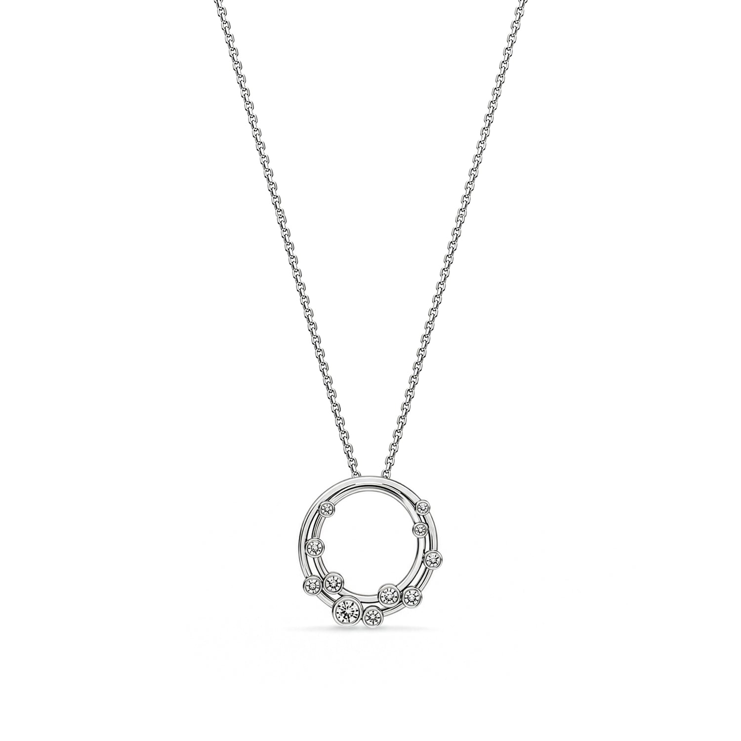 18ct White Gold Rubover Round Natural Diamond Bubble Double Circle Slider Pendant —18mm