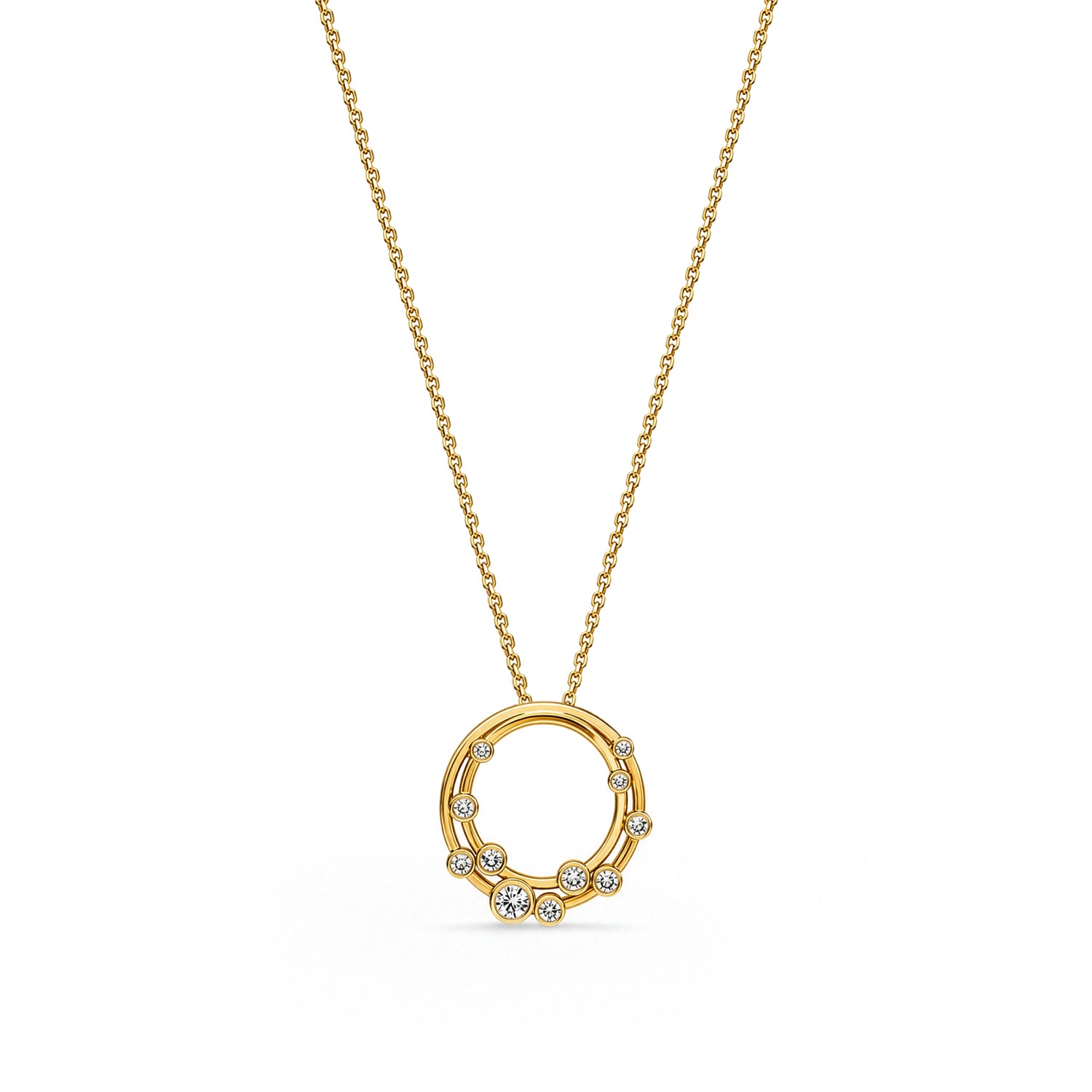 18ct Yellow Gold Rubover Round Natural Diamond Bubble Double Circle Slider Pendant —18mm