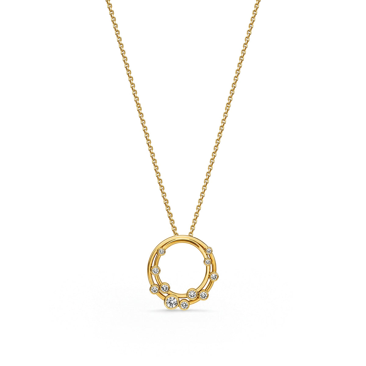 18ct Yellow Gold Rubover Round Natural Diamond Bubble Double Circle Slider Pendant — 18mm